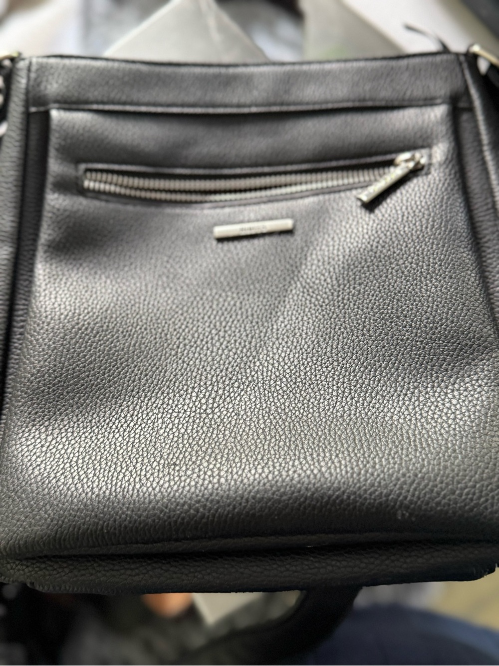Black Pebbled Crossbody Bag with Front Zip Pocket